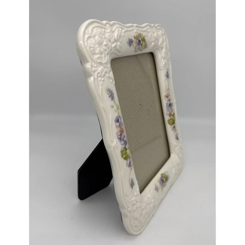 Burnes of Boston Ceramic Picture Frame Purple Floral Scalloped 6.5x4.5 photo